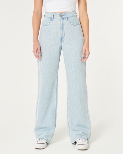 Hollister Blue Leichte Ultra High Rise Baggy-Jeans in heller Waschung mit Streifen