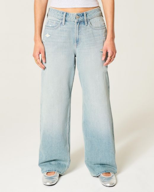 Hollister Blue High-rise Distressed Light Wash Baggy Jeans