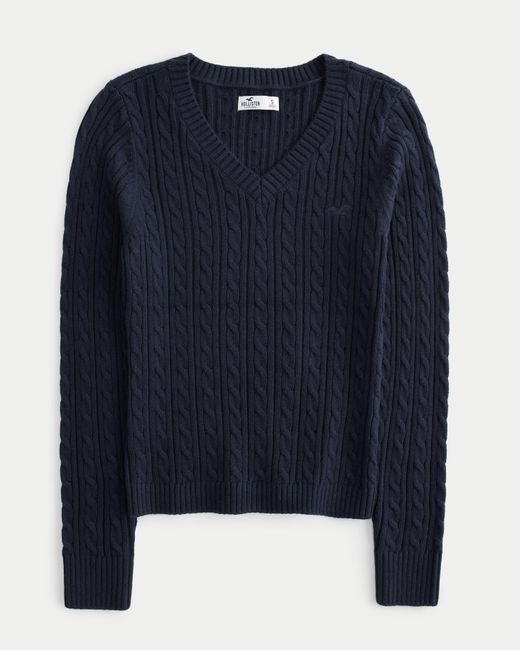 Hollister Blue Cable-knit V-neck Sweater