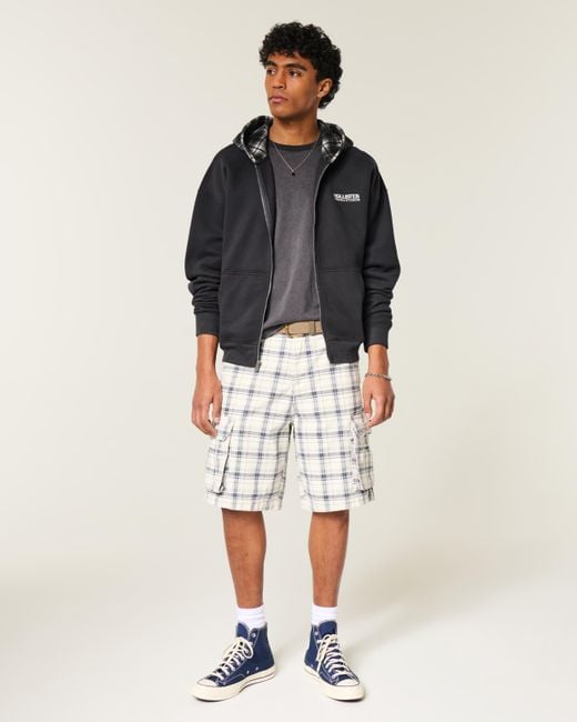 Hollister Black Boxy Zip-up Plaid Hood Logo Hoodie for men