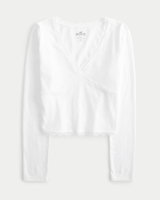 Hollister White Lace Trim Long-sleeve V-neck Top