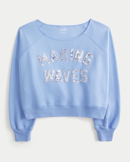 Hollister Blue Easy Off-the-shoulder Making Waves Graphic Crew Sweatshirt