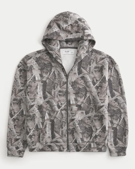 Hollister Gray Boxy Camo Zip-up Hoodie for men