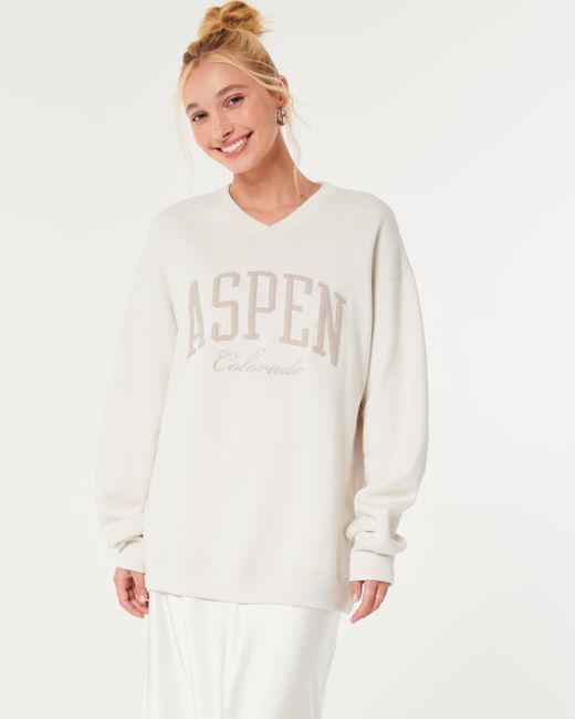 Hollister White Oversized Aspen Graphic Crew Sweatshirt