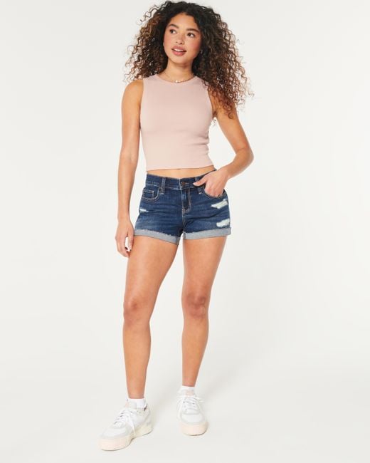 Hollister Blue Gerippte Low-Rise-Jeans-Shorts in dunkler Waschung