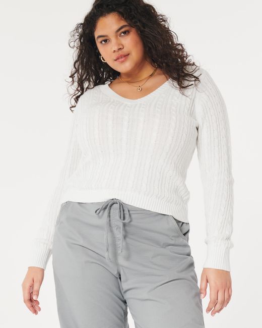 Hollister White Cable-knit V-neck Sweater