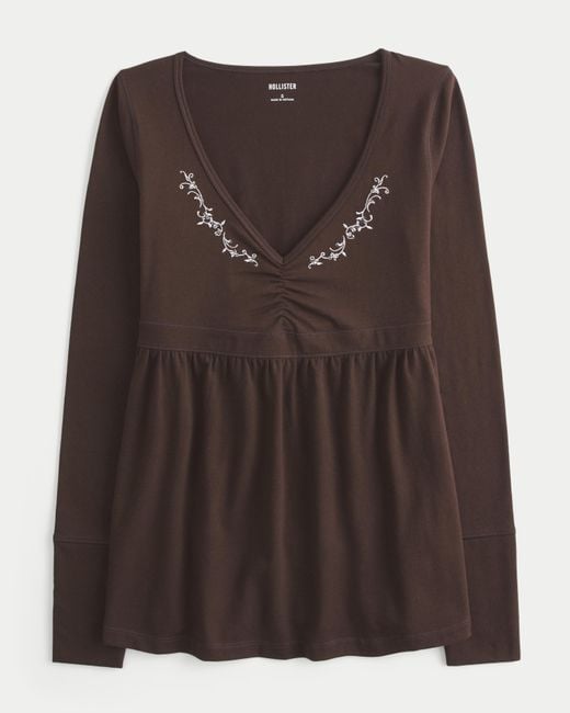 Hollister Brown Long-sleeve Pinch Bust Babydoll Top