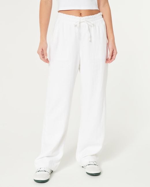 Hollister White Adjustable Rise Pull-on Linen Blend Baggy Pants