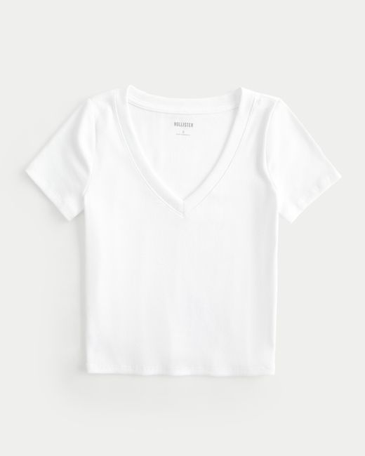 Hollister White Geripptes T-Shirt mit V-Ausschnitt