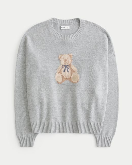 Hollister Gray Easy Teddy Bear Graphic Crew Sweater