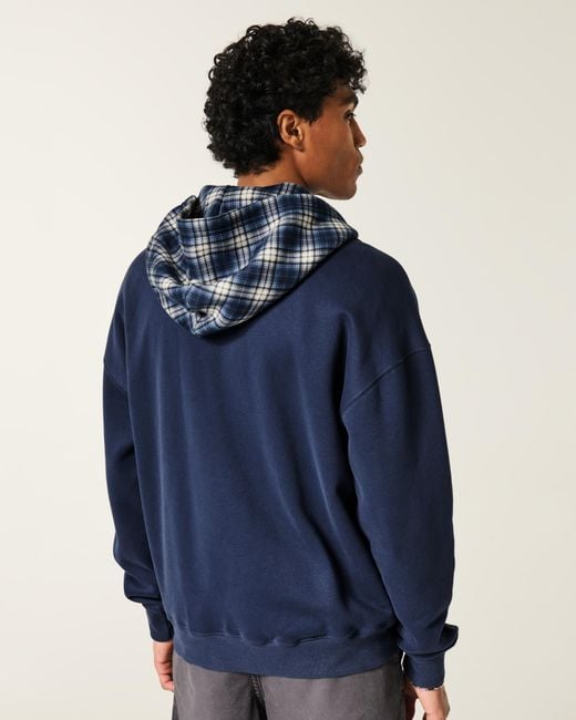 Hollister Blue Boxy Zip-up Plaid Hood Logo Hoodie for men