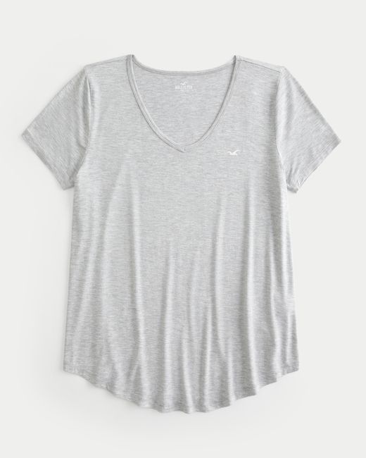 Hollister Gray Lässiges T-Shirt mit V-Ausschnitt und Symbol