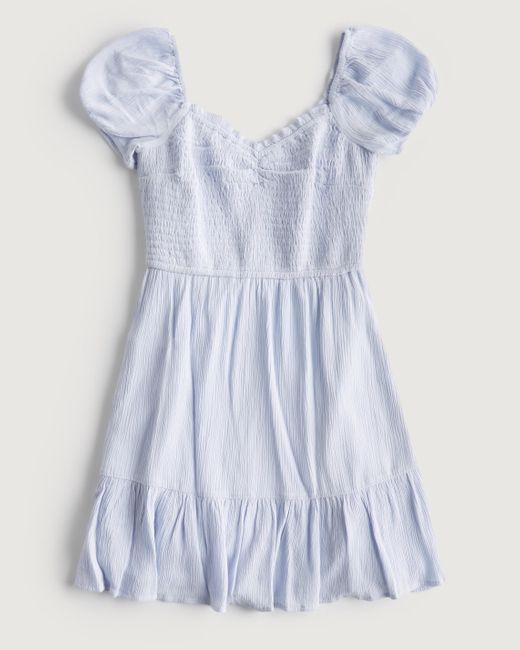 Hollister Blue Short-sleeve Smocked Bodice Mini Dress