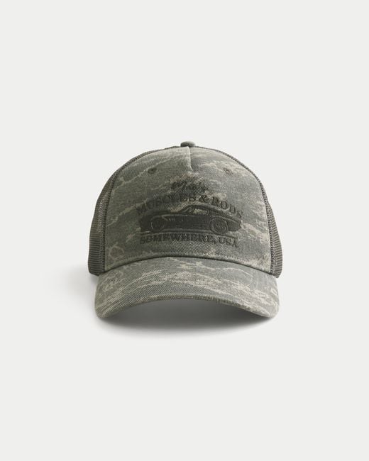Hollister Green Mac's Muscles & Rods Graphic Camo Trucker Hat for men