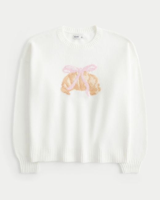 Hollister White Fy Cloud Croissant Graphic Crew Sweater