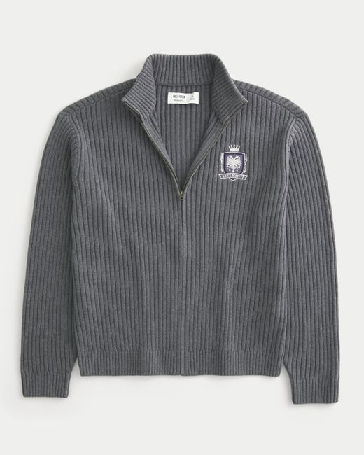 Hollister Gray Relaxed Graphic Zip-up Sweater for men