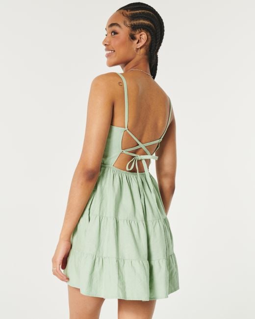 Hollister Green Open Back Linen Blend Mini Dress