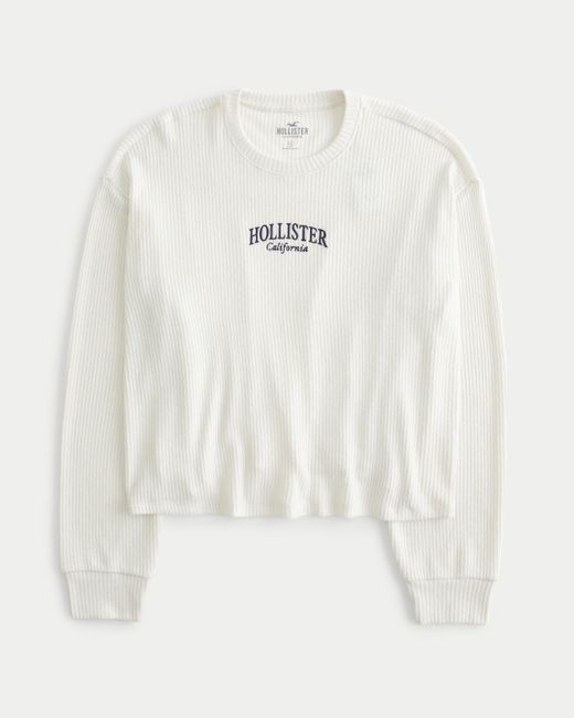 Hollister White Easy Cozy Ribbed Long-sleeve Logo Graphic Tee