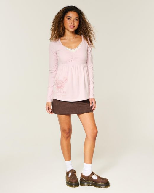 Hollister Pink Long-sleeve Pinch Bust Graphic Babydoll Top