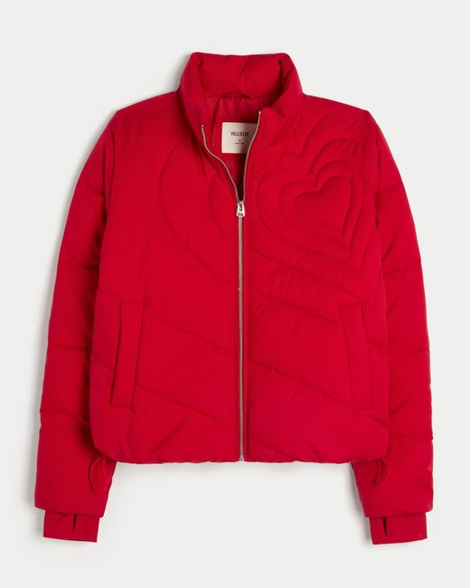 Hollister Red Zip-up Pattern Puffer Jacket