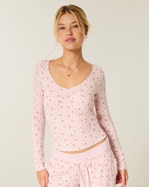 Hollister Pink Gilly Hicks Always Cozy Waffle V-neck Long-sleeve Top