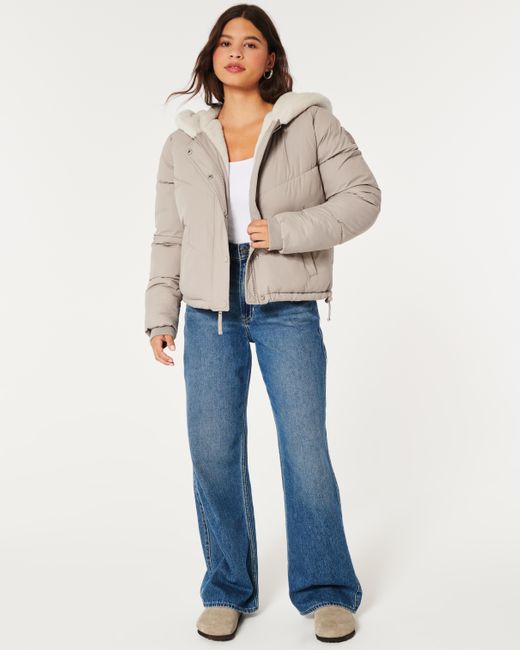 Hollister Ultimate Faux Furlined Hooded Puffer Jacket in Grey Lyst UK