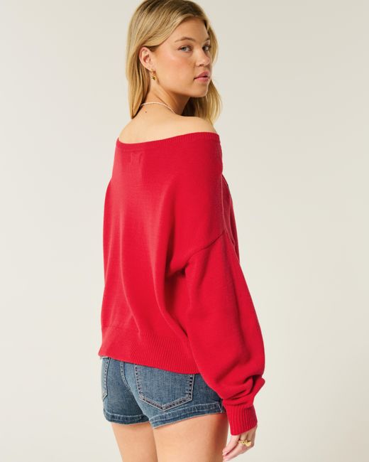 Hollister Red Easy Off-the-shoulder Heart Flag Graphic Sweater