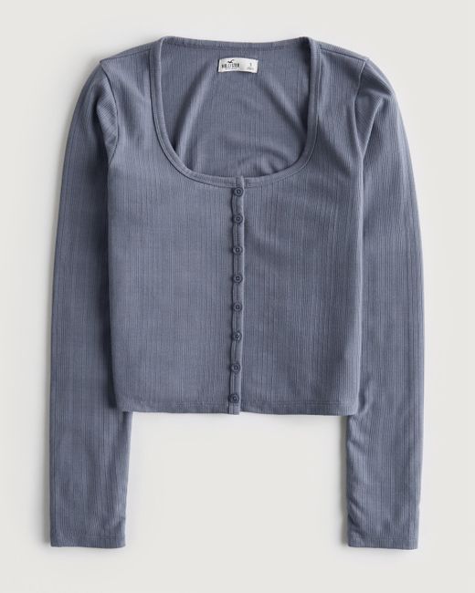 Hollister Blue Long-sleeve Ribbed Button-through Top