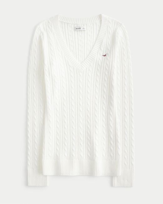 Hollister White Cable-knit Icon V-neck Sweater