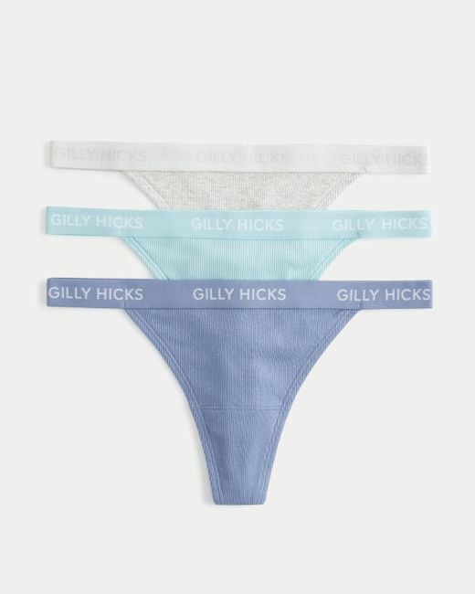 Hollister Blue Gilly Hicks Ribbed Cotton Blend Thong Underwear 3-pack