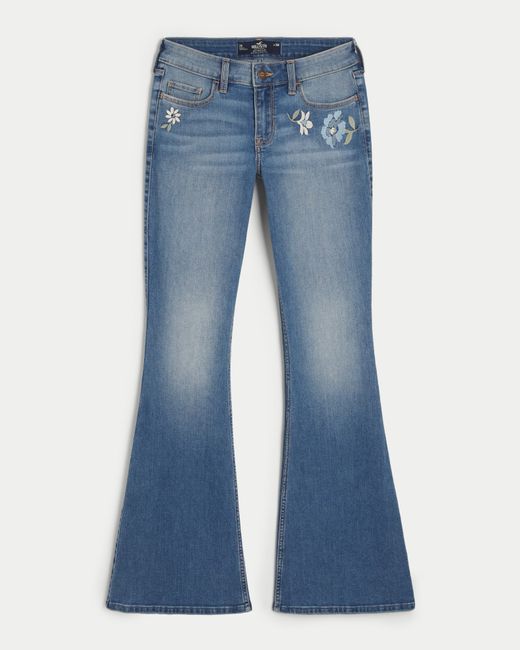 Hollister Blue Low-rise Floral Embroidered Medium Wash Vintage Flare Jeans