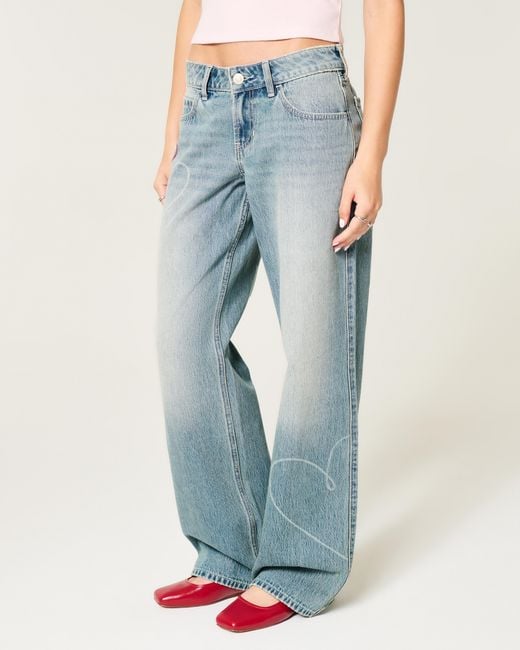 Hollister Blue Low-rise Medium Wash Heart Embroidery Baggy Jeans