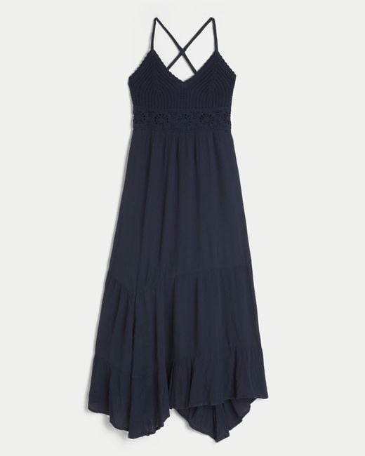 Hollister Blue Mixed Fabric Crochet-style Maxi Dress