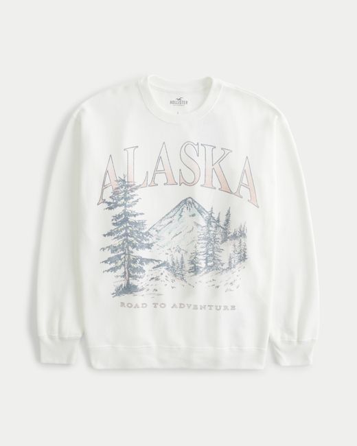 Hollister White Sweatshirt in Oversized Fit mit Rundhalsausschnitt und Alaska-Grafik