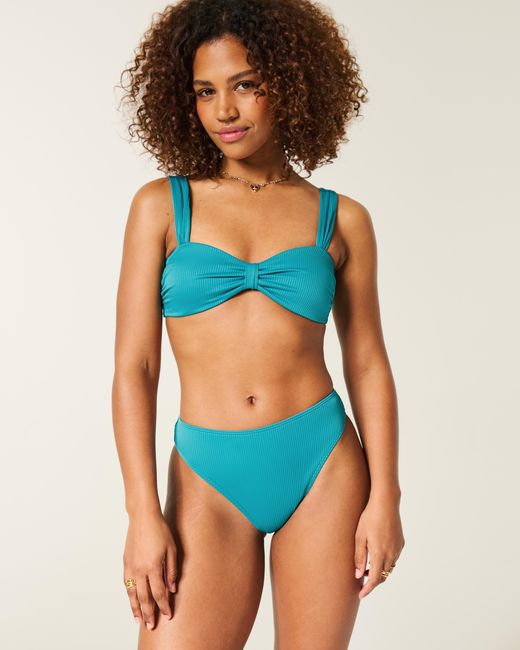 Hollister Blue Curvy High-leg High-waist Rib Cheeky Bikini Bottom