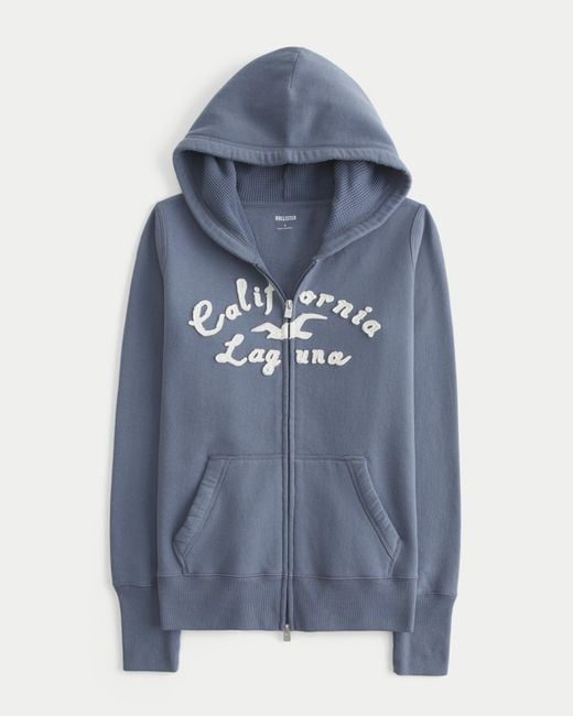 Hollister Blue Hollister Feel Good Waffle Lined Hood Zip-up Logo Graphic Hoodie
