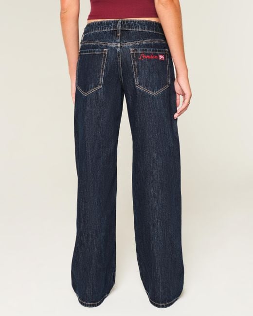Hollister Blue Low-rise Dark Wash London Embroidered Baggy Jeans