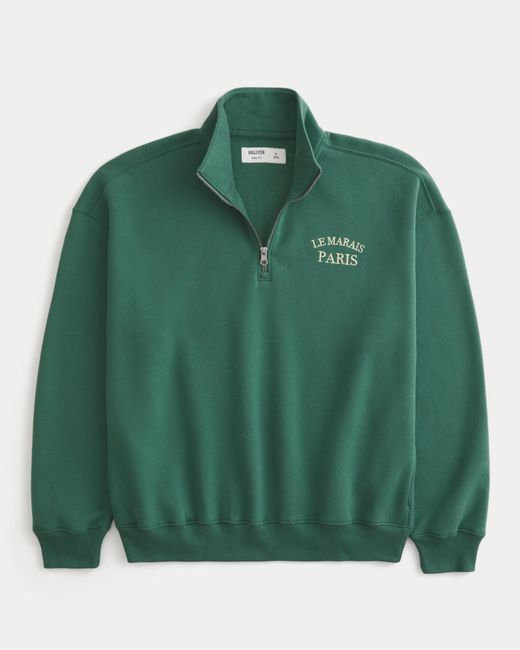 Hollister Green Boxy Quarter-zip Paris Graphic Sweatshirt for men
