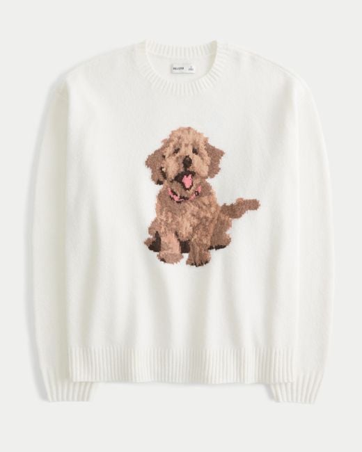 Hollister White Oversized Puppy Graphic Crew Sweater