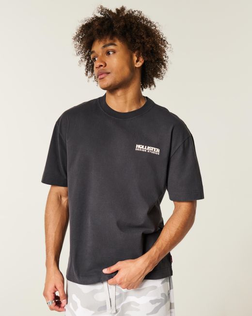 Hollister Black Boxy Heavyweight Logo Graphic Tee for men