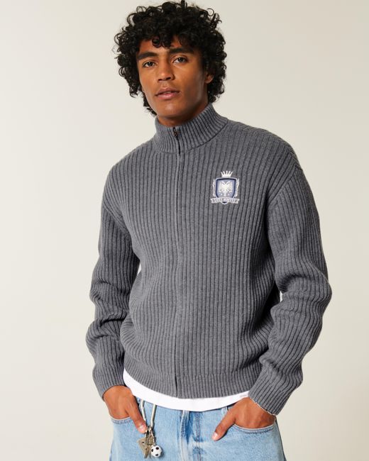 Hollister Gray Relaxed Graphic Zip-up Sweater for men