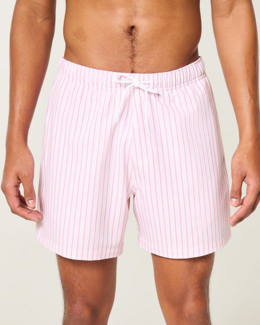 Hollister Pink Mid-thigh Seersucker Swim Trunks for men