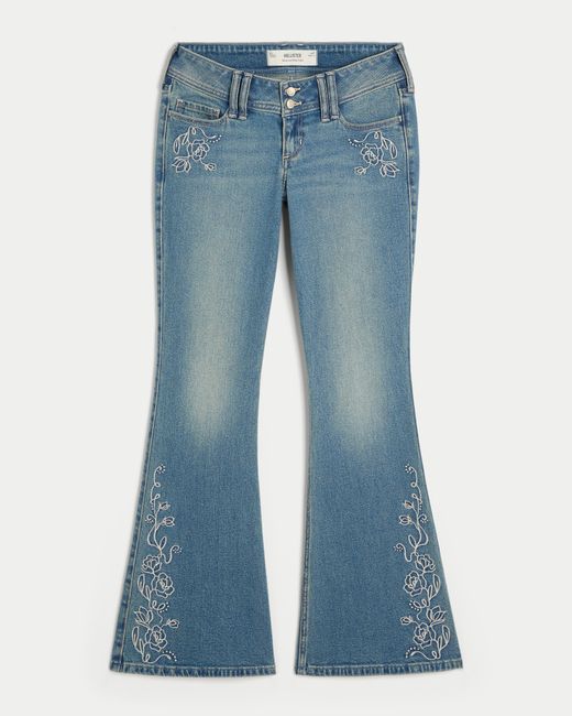 Hollister Blue Ultra Low-rise Medium Wash Floral Embroidery Flare Jeans