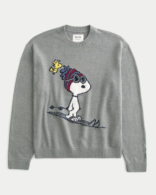 Hollister Gray Relaxed Snoopy Graphic Crew Sweater for men
