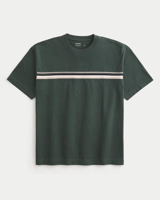 Hollister Green Boxy Heavyweight Cotton Striped Crew T-shirt for men