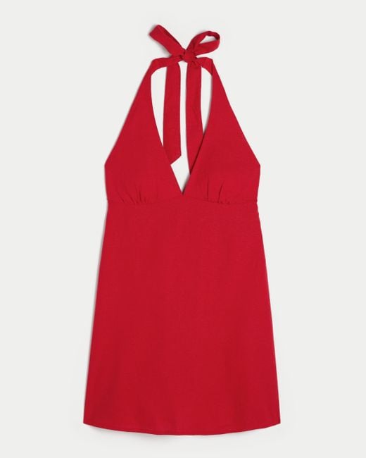 Hollister Red Open Back Linen-blend Halter Dress