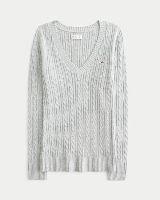 Hollister Gray Cable-knit Icon V-neck Sweater