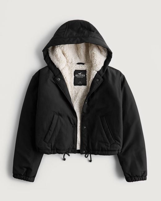 Hollister Black Crop Sherpa-lined Coach's Jacket