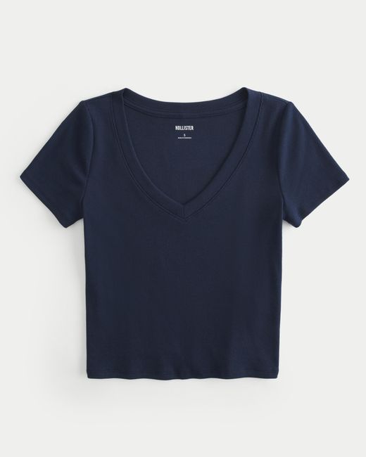 Hollister Blue Geripptes T-Shirt mit V-Ausschnitt