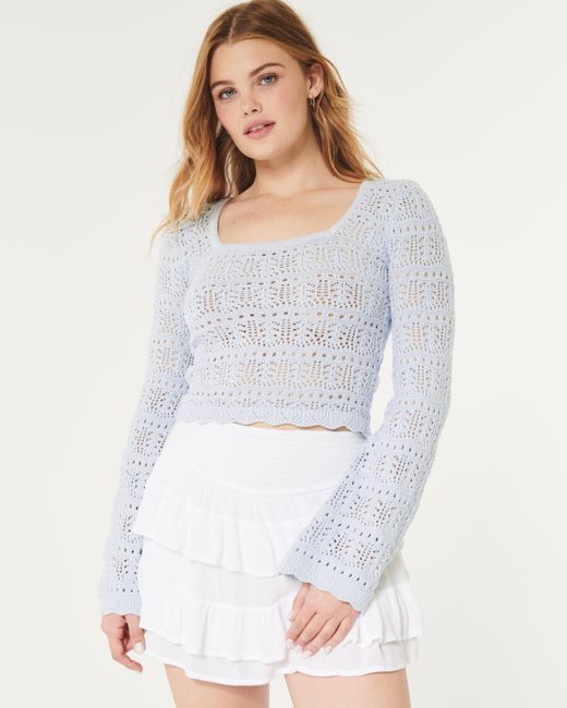 Hollister Blue Long-sleeve Square-neck Crochet-style Sweater